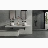 Gresie Limestone Gray Mat 30x60 cm – ambient baie, baie moderna gri cu dublu lavoar si dus, pe pardoseala si perete