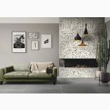 Gresie Efect Beton Essence Materia Forest Mat 90x90 cm – ambient living cu șemineu și canapea verde