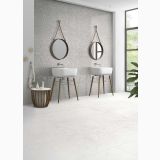 Gresie Terrazzo Blend Gravel Grey Mat 60x120 cm – ambient baie cu două lavoare