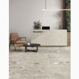 Gresie Terrazzo Blend Gravel Sand Mat 120x120 cm – ambient recepție cu blat placat
