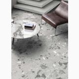 Gresie Terrazzo Blend Stone Grey Mat 60x120 cm – ambient living cu fotoliu din piele