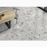 Gresie Terrazzo Blend Stone Grey Mat 60x120 cm – ambient sufragerie cu masă din lemn