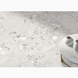 Gresie Terrazzo Blend Stone White Mat 120x120 cm – ambient living cu măsuță rotundă