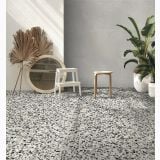 Gresie Terrazzo Essence Forest Mat 60x120 cm – ambient colț de relaxare cu oglindă rotundă