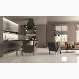 Gresie Abk Calacatta Select Lux Lucios 30x120 cm – ambient living, bucatarie moderna open space cu pardoseala marmorata lucioasa