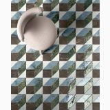 Gresie Portelanata Decor Dimore Clarissa 20x20 cm – ambient living, pardoseala geometrica cu scaun tapitat vazuta de sus