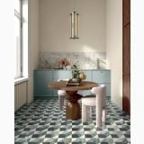 Gresie Portelanata Dimore DI 10 Paonazzo 20x20 cm – ambient bucatarie, bucatarie cu pardoseala geometrica, masa rotunda din lemn