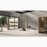 Gresie Rectificata Exterior Piemme Journey Otta 60x120 cm Antiderapanta – ambient living, spatiu fitness cu perete ondulat gri si sauna lemn, pe pardoseala