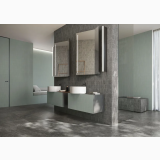 Gresie Origins Dark Mat 60x120 cm – ambient baie, baie moderna cu lavoare duble si perete gresie gri