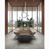 Gresie Atlantis Greige Mat 120x120 cm – ambient living, sala de mese moderna cu pereti sticla si veranda, pe pardoseala