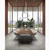 Gresie Atlantis Greige Lucios 60x120 cm – ambient living, sala de mese eleganta cu pereti sticla si priveliste urbana, pe pardoseala
