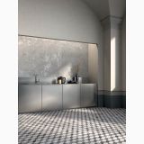 Lastra Gresie Ghost Grey Mat 120x280 cm – ambient bucatarie, bucatarie moderna cu blat inox si pardoseala hexagonala, pe perete