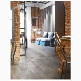 Treapta Blendart Grey 33x120cm – ambient living, living industrial cu pereti caramida, canapea albastra, pardoseala gri lemn