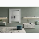 Gresie Nuances Grigio Coccio 60x120 – ambient comercial, spatiu comercial cu pardoseala terrazzo si pufuri albastre