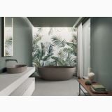 Gresie Nuances Grigio 80x80 cm – ambient baie, baie moderna cu cada freestanding si tapet tropical, pe pardoseala