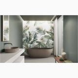 Gresie de exterior Nuances Grigio 60x120x2 cm – ambient baie, baie moderna cu cada maro si perete tropical, pe pardoseala