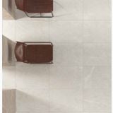Gresie Gardena HGR 10 Bianco 60x60 cm – ambient living, vedere de sus cu scaune din piele pe gresie, pe pardoseala