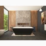 Cada Freestanding Rectangulara Hades Black 178x80 cm – ambient baie, baie moderna cu cada neagra si perete marmura