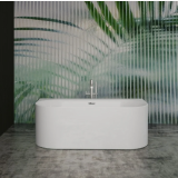 Cada Freestanding Harmony 160x80,5 cm – ambient baie, cada freestanding alba in fata perete verde tropical, pe pardoseala