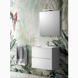Set Mobilier Suspendat Baie Harmony 61 cm Alb Lucios – ambient baie, mobilier suspendat alb cu oglinda pe perete tropical