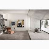 Lastra Gresie HBO 10 Invisible Gray Lucios 120x278 cm – ambient living, living modern cu fotoliu maro si tablouri abstracte, pe pardoseala