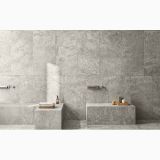 Gresie Lavaredo HLA 5 60x120 cm Mat – ambient baie, baie minimalista gri cu banci si accesorii spa, pe pardoseala si perete
