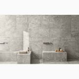 Gresie Lavaredo HLA 5 Framework 60x120 cm Mat – ambient baie, baie moderna gri cu bancuri din piatra si accesorii, pe pardoseala si perete