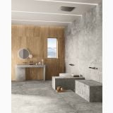 Gresie Lavaredo HLA 5 60x60 cm Mat – ambient baie, baie moderna gri cu perete lemn si banchete piatra, pe pardoseala