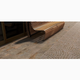 Gresie de exterior Rockstar Beige 20x20 cm – ambient exterior, pavaj exterior gresie langa banca lemn moderna, pe pardoseala