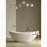 Gresie Stone Edition HSE 1 Pietra di Borgogna 120x120 cm – ambient baie, baie eleganta cu cada freestanding si candelabru auriu, pe pardoseala