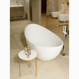 Gresie Stone Edition HSE 1 Pietra di Borgogna 120x120 cm – ambient baie, baie eleganta cu cada freestanding si gresie bej, pe pardoseala