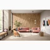 Gresie Timeline HTL 11 Beige 120X120 cm – ambient living, living luminos cu canapele roz si perete lemn, pe pardoseala