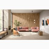 Gresie Timeline HTL 11 Beige 60x60 cm – ambient living, living modern cu canapele roz si perete lemn, pe pardoseala