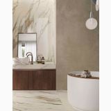 Lastra Gresie Timeline HTL 9 Taupe 120x260 cm – ambient baie, baie moderna cu cada freestanding si perete taupe