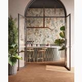 Gresie Timeline HTL 6 Canyon 60x60 cm – ambient comercial, cafenea cu usi arcuite si pardoseala terra