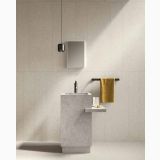 Gresie Wild HWD 5 Grey 60x60 cm – ambient baie, baie minimalista cu lavoar din piatra si prosop galben, pe pardoseala