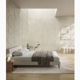 Gresie Portelanata I Cementi Beige 30x60 cm – ambient dormitor, dormitor minimalist cu perete decorativ texturat si pat gri