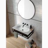 Gresie Abk Iceberg Lucios 60x120 cm – ambient baie, baie eleganta cu oglinda rotunda si lavoar suspendat, pe pardoseala