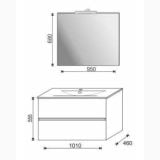 Set Mobilier Baie Suspendat Harmony Finisaj Rovere Nodato L100 cm – schita tehnica, desen tehnic cu dimensiuni oglinda si mobilier baie