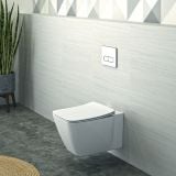 Vas WC Suspendat Strada II Ideal Standard + Capac Slim Soft Close Finisaj Alb Lucios – ambient baie, vas wc suspendat alb, gresie gri deschis, planta decorativa, pe perete