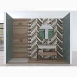 Lastra Gresie ABK Sensi Fantasy Volumes 120x280 cm Lucios 3D – ambient baie, baie cu dus, mozaic geometric verde-maro si oglinda rotunda, pe pardoseala si perete