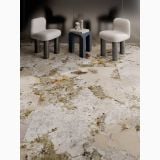 Gresie ABK Nuance Patagonia Wow lucios 3D 60x120 cm – ambient living, living cu scaune albe si masuta pe gresie marmorata, pe pardoseala