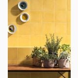 Gresie Vita Giallo Lucios 20x20 cm – ambient bucatarie, perete galben lucios cu boluri si plante decorative