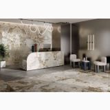 Lastra Gresie ABK Nuance Patagonia Wow mat satinat 120x280 cm – ambient comercial, receptie eleganta cu blat marmorat, scaune tapitate, pardoseala gresie, pe pardoseala si perete