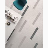 Gresie Digitalart Ecru 10x60 cm – ambient living, pardoseala gresie cu dungi gri, birou si scaun turcoaz