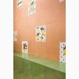 Gresie Vita Cotto Mat 20x20 cm – ambient, perete teracota cu decor lamai si bancheta verde