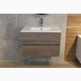 Set Mobilier de Baie Harmony Natural Grey L.80 cm – ambient baie, mobilier suspendat lemn gri cu lavoar alb si oglinda, pe perete