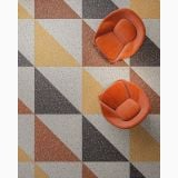 Gresie Inclusioni Clasic Grigio Mat 60x60x1.2 cm – ambient living, pardoseala geometrica terrazzo cu fotolii portocalii rotunde