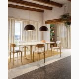 Gresie Inclusioni Clasic Avorio Mat 120x120x1.2 cm – ambient living, sufragerie moderna cu masa lemn, scaune tapitate, gresie terrazzo, pe pardoseala