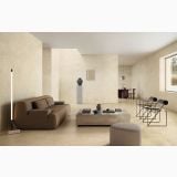 Lastra Gresie Calcis Crema Lucios 120x180x0,6 cm – ambient living, living luminos cu canapea maro si pereti crem, pe pardoseala si perete